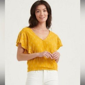 Lucky Brand Womens Top small Yellow V-Neck Ruffle Flutter short Sleeves boho